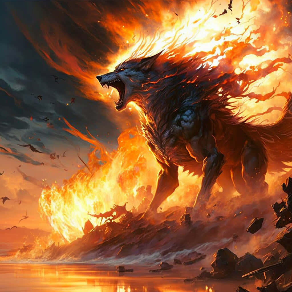 Mythical Wolf, fiery wolf, storm of flames, SD Desktop Wallpaper