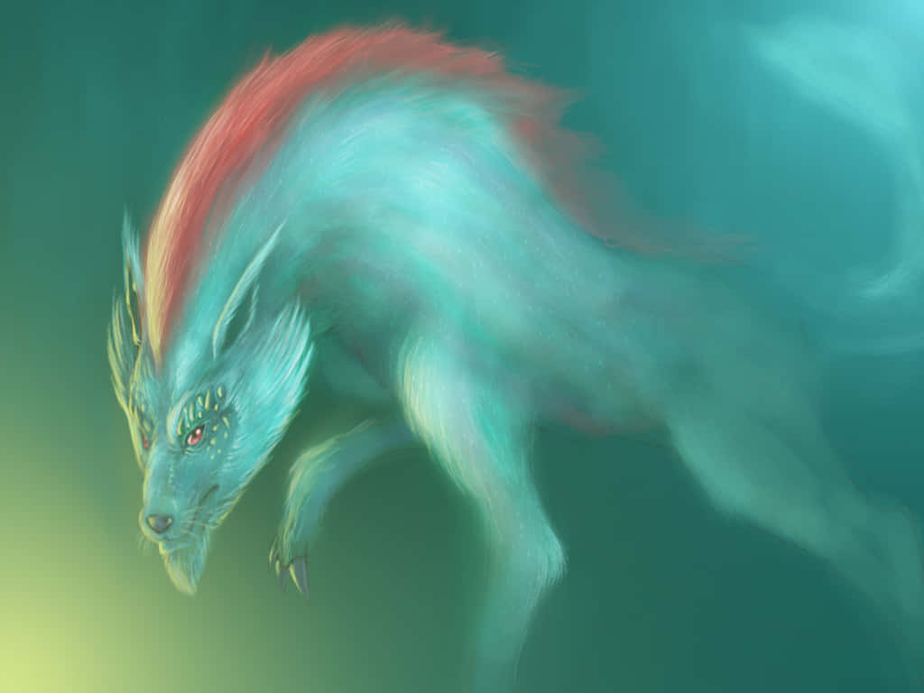 Mythical Wolf, blue-furred, red mane, SD Desktop Wallpaper