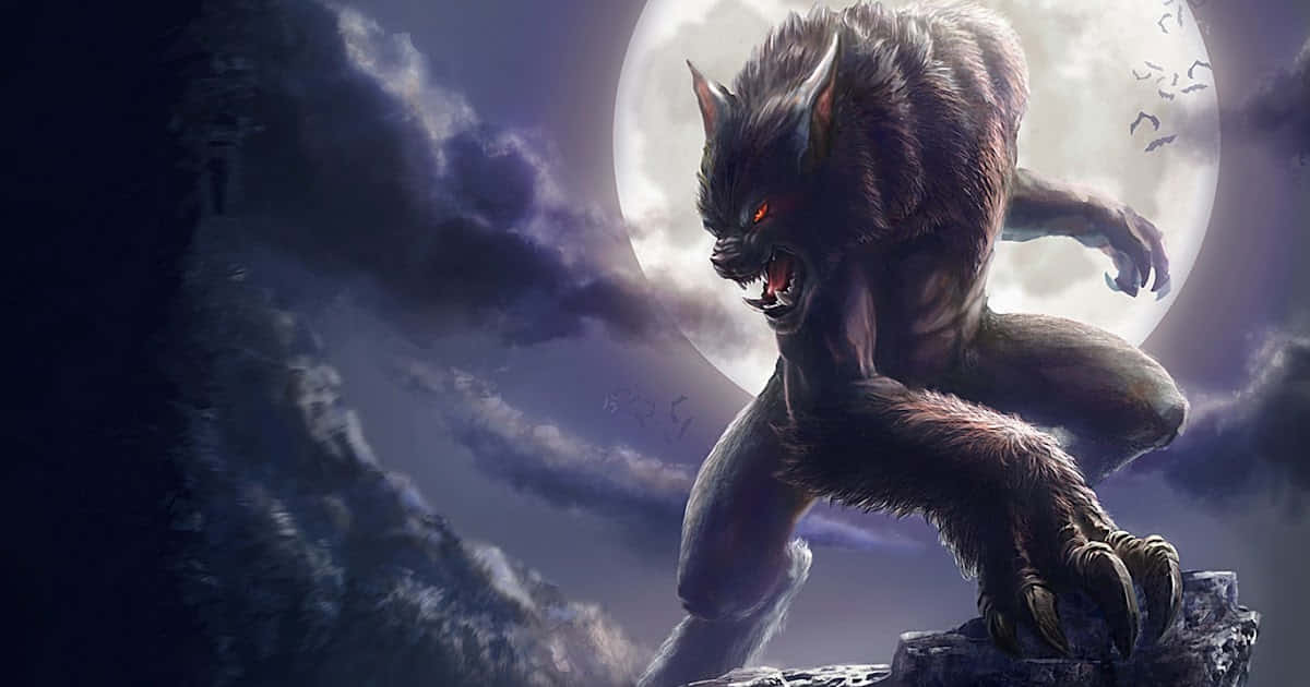 Mythical Wolf, full moon, rocky cliff, SD Desktop Wallpaper
