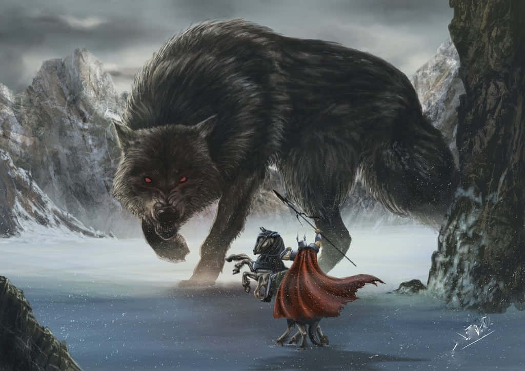 Mythical Wolf, black wolf, glowing red eyes, SD Desktop Wallpaper