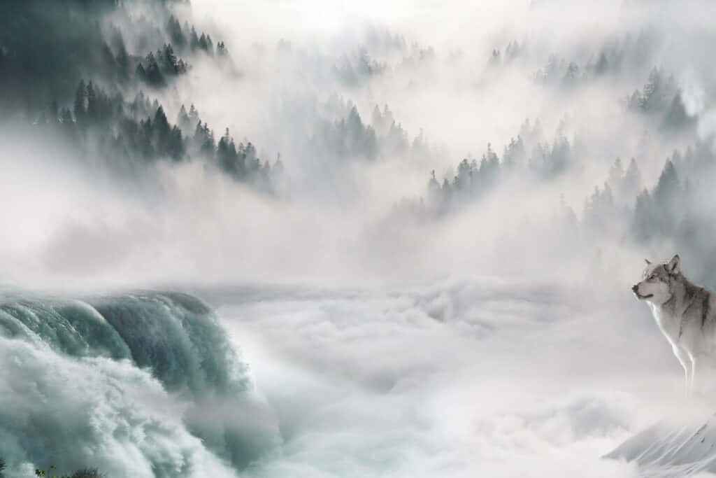Mythical Wolf, turquoise waterfall, foggy pine forest, SD Desktop Wallpaper