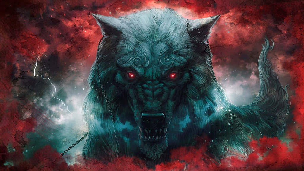 Mythical Wolf, blue werewolf, glowing red eyes, SD Desktop Wallpaper