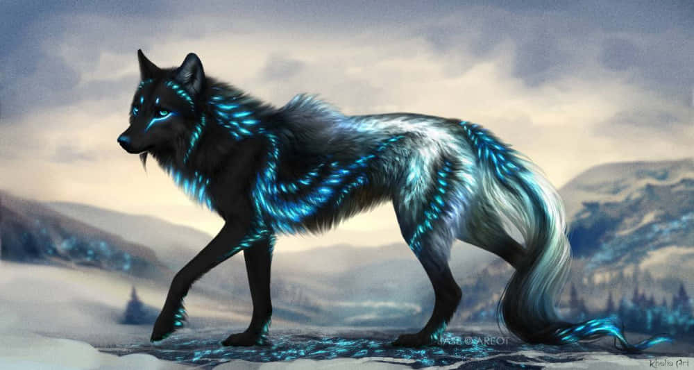 Mythical Wolf, black wolf, glowing blue energy lines, SD Desktop Wallpaper