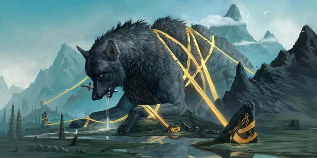 Mythical Wolf, black wolf, golden chains, SD Desktop Wallpaper
