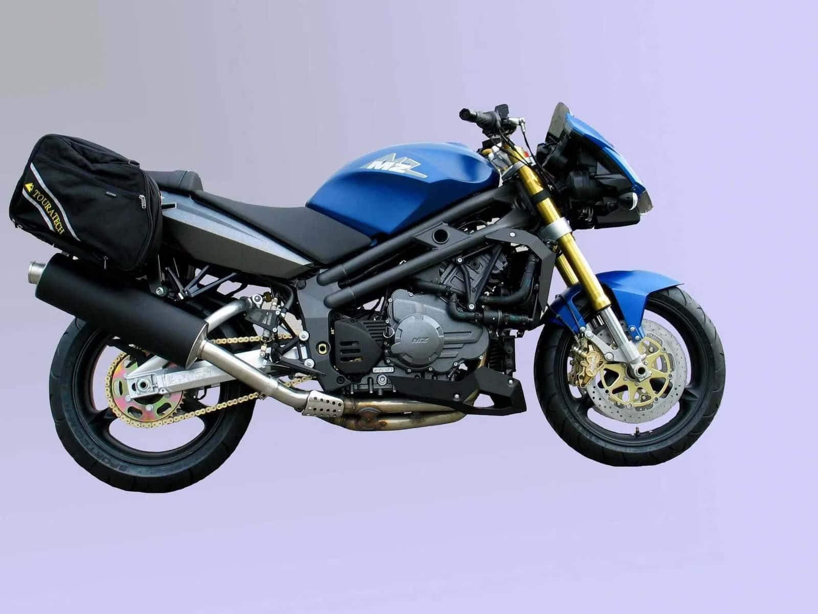 Blue M Z Motorcycle, sleek blue and black sport motorcycle, gold forks, HD Desktop Wallpaper