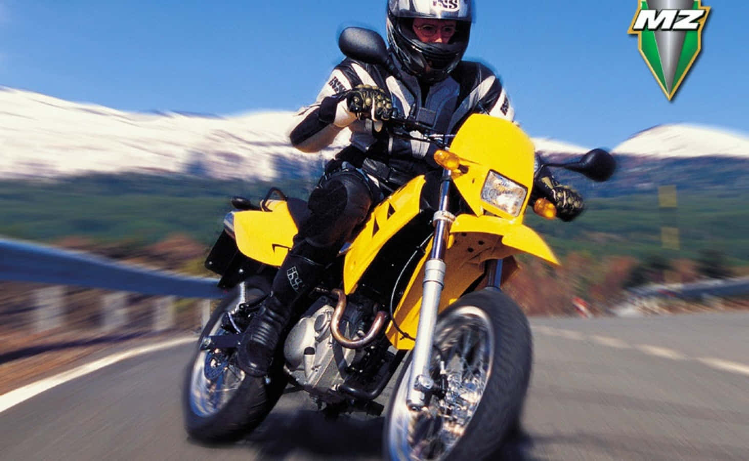 M Z Motorcycle, bright yellow motorcycle, mountain road, HD Desktop Wallpaper