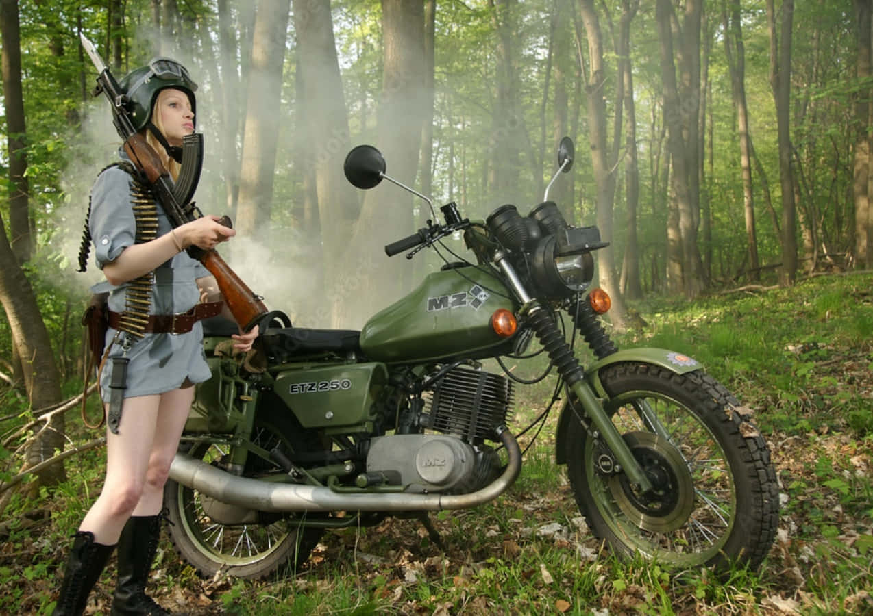 MZ Motorcycle, green motorcycle, misty forest, SD Desktop Wallpaper