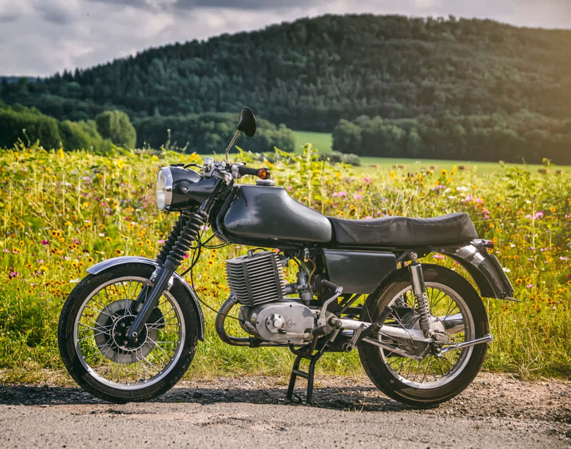 vintage M Z Motorcycle, gravel path, sunlit field of wildflowers, SD Desktop Wallpaper
