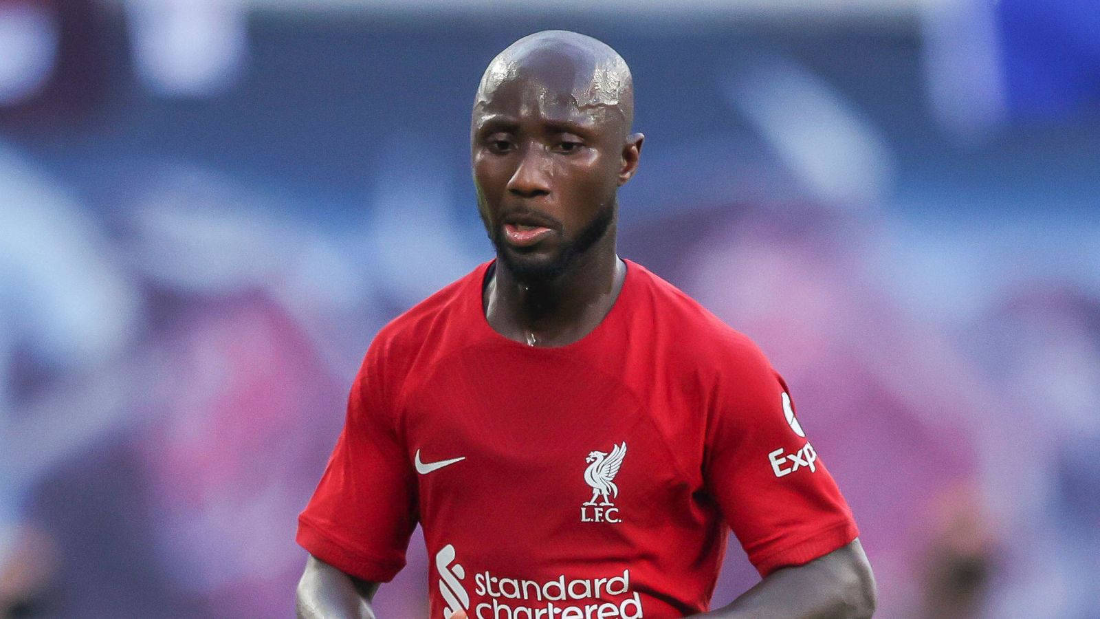 Naby Keita, red Liverpool jersey, sweat glistening on forehead, HD Desktop Wallpaper