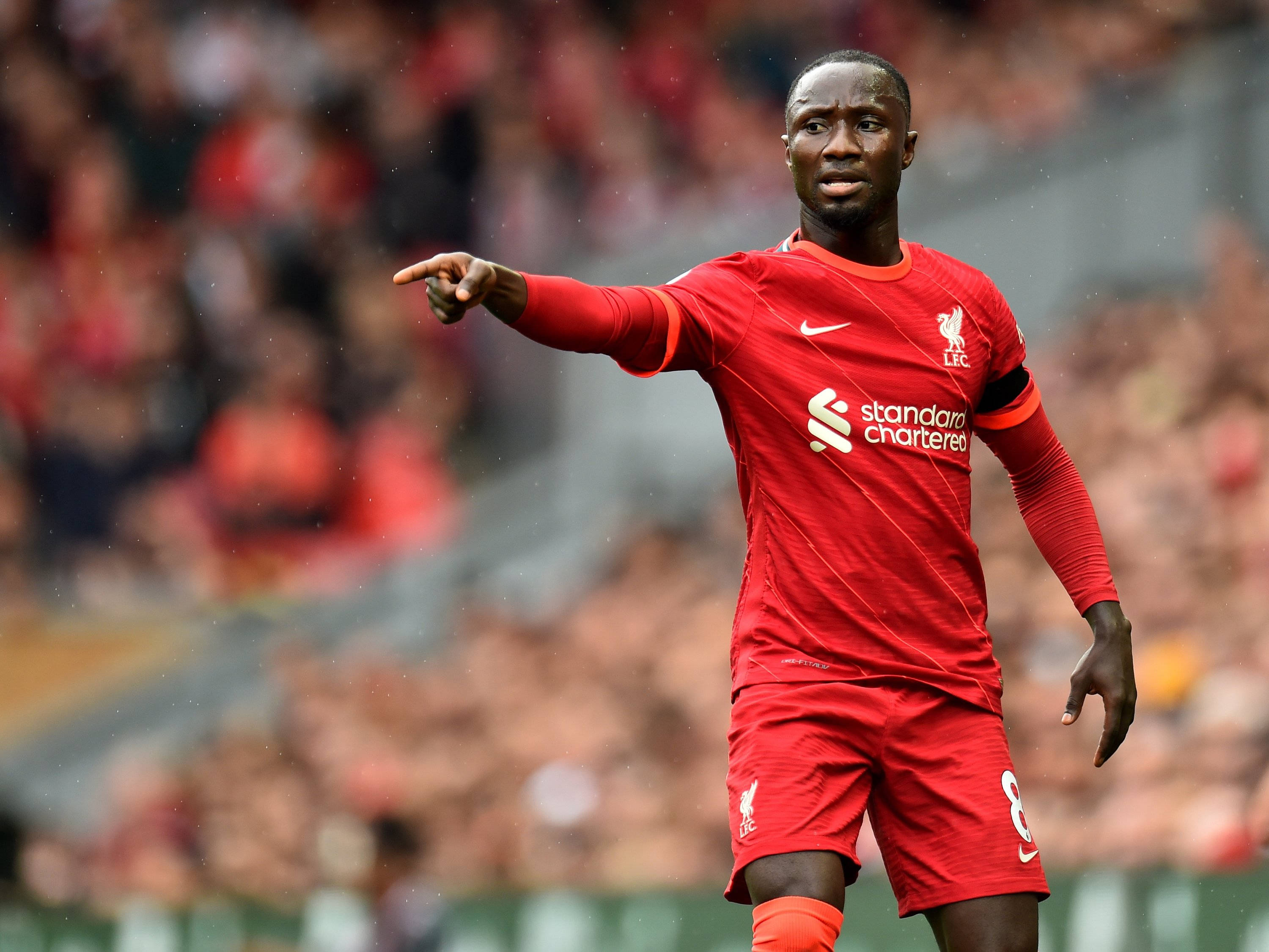 Naby Keita, red Liverpool kit, football player, 2K Desktop Wallpaper