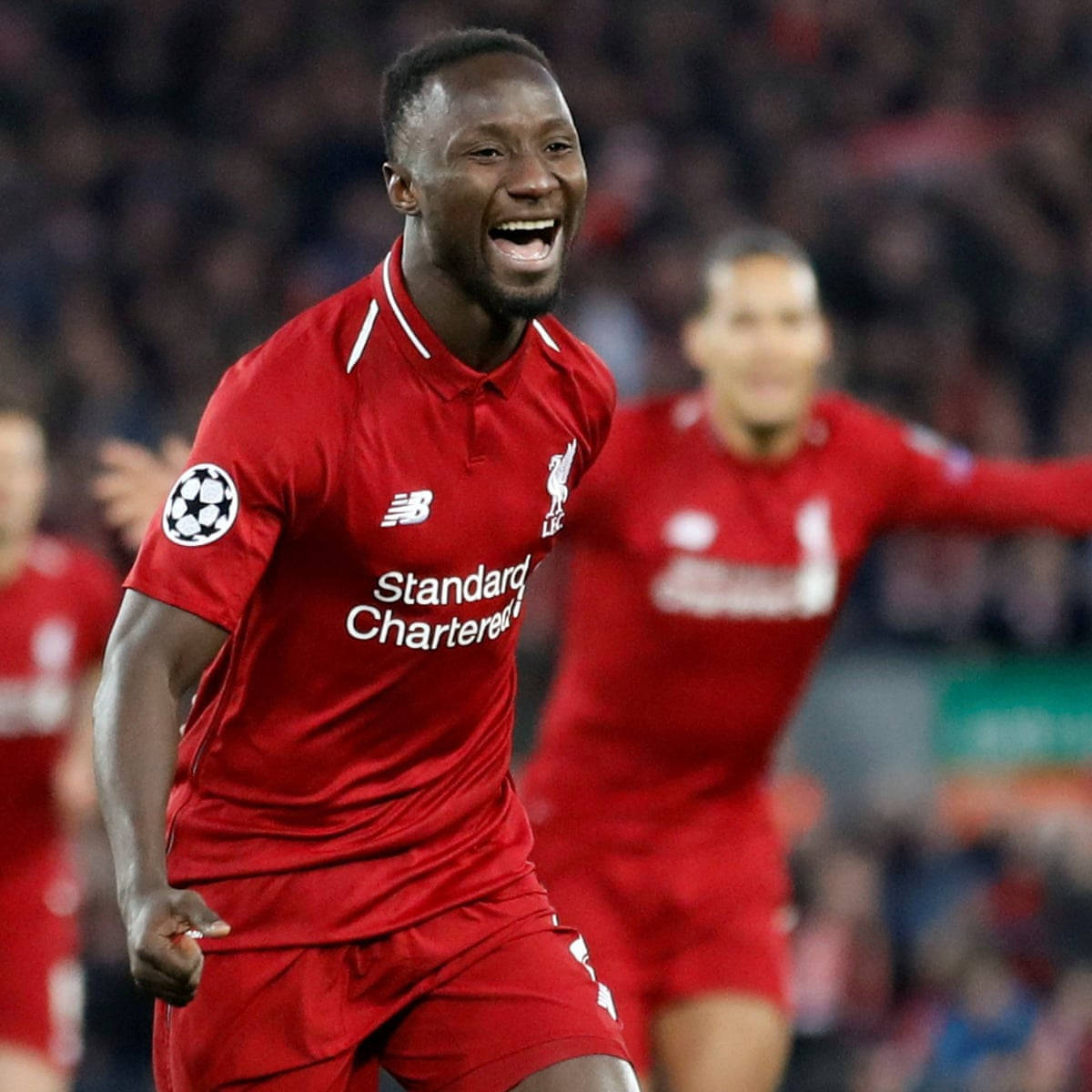 Naby Keita, red Liverpool kit, stadium lights, SD Desktop Wallpaper