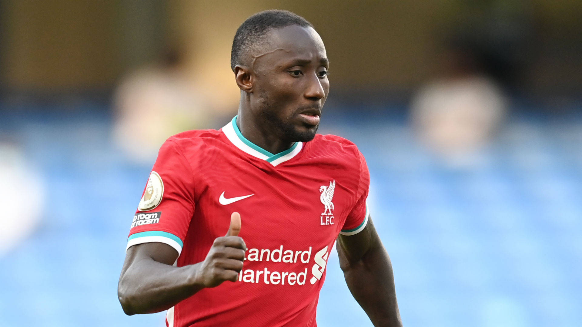 Naby Keita, red Liverpool jersey, stadium field, Full HD Desktop Wallpaper