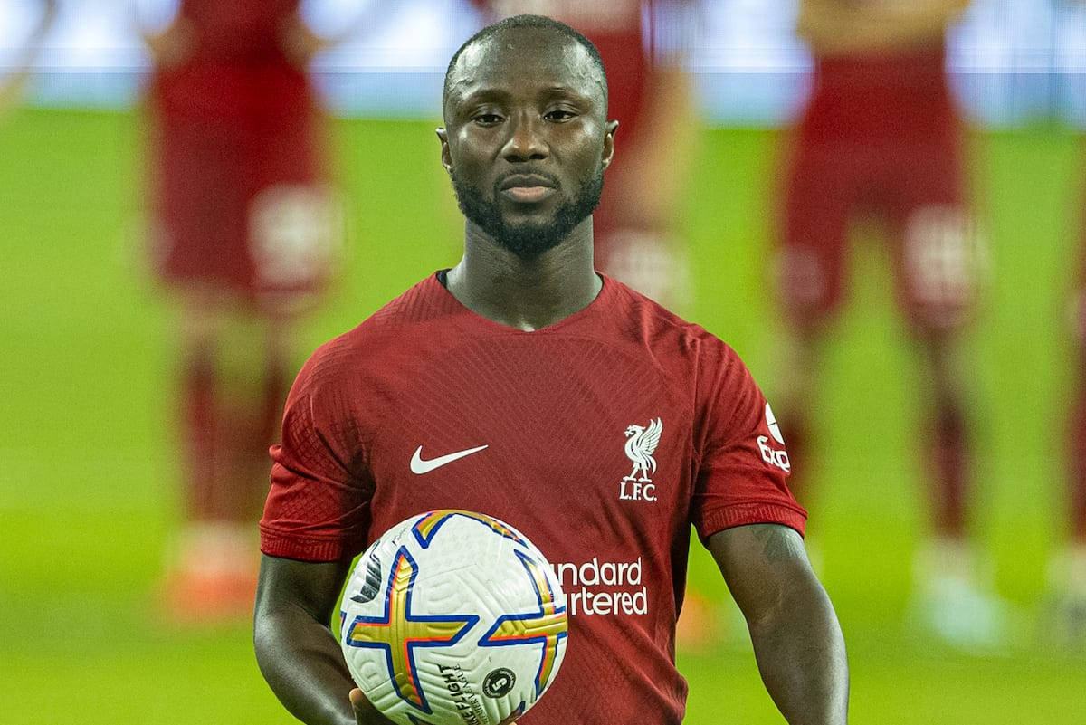 Naby Keita, red Liverpool jersey, colorful match ball, SD Desktop Wallpaper
