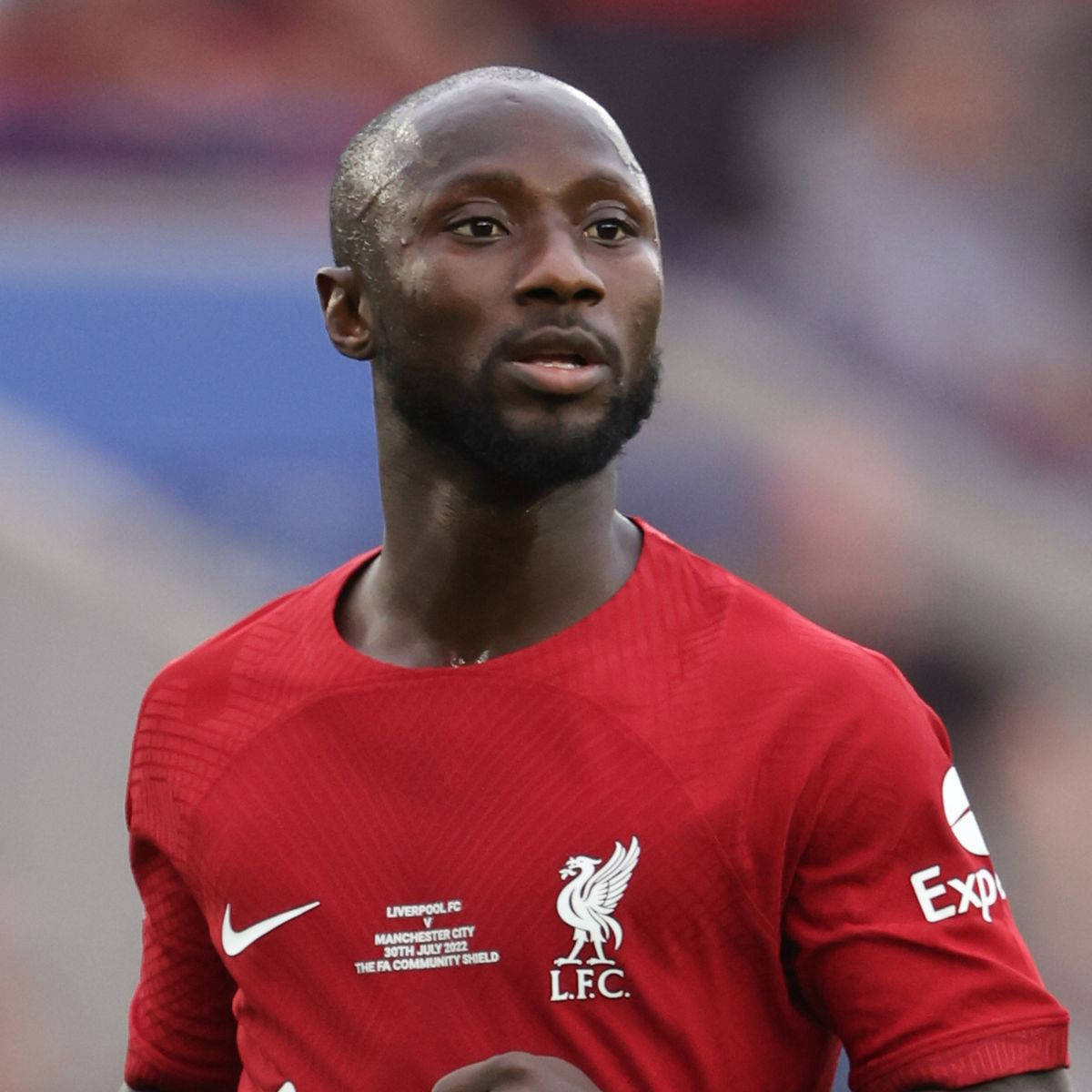 Naby Keita, red Liverpool jersey, stadium lights, SD Desktop Wallpaper