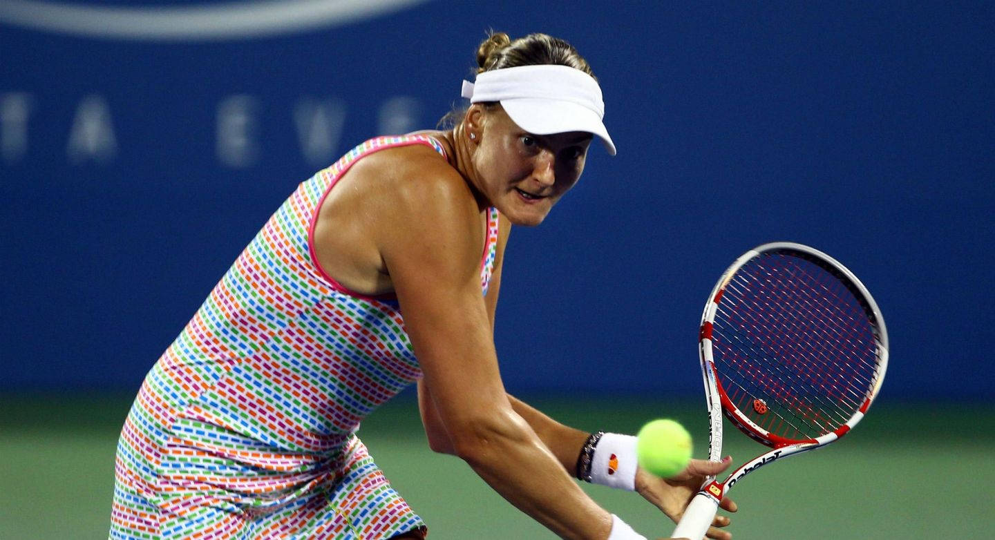 Nadia Petrova, colorful patterned dress, bright yellow tennis ball, HD Desktop Wallpaper
