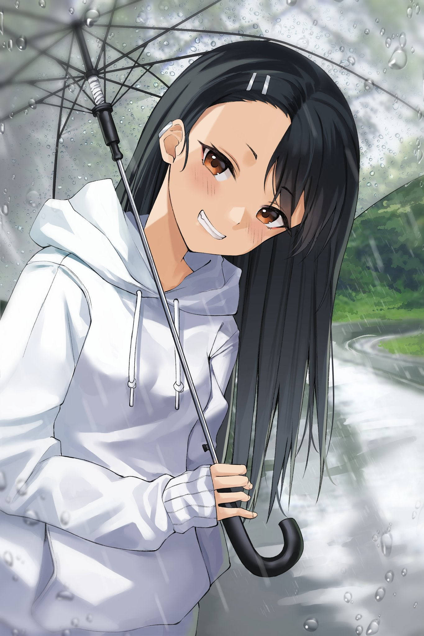 Nagatoro, rain-splattered umbrella, rainy outdoor scene, Full HD Phone Wallpaper