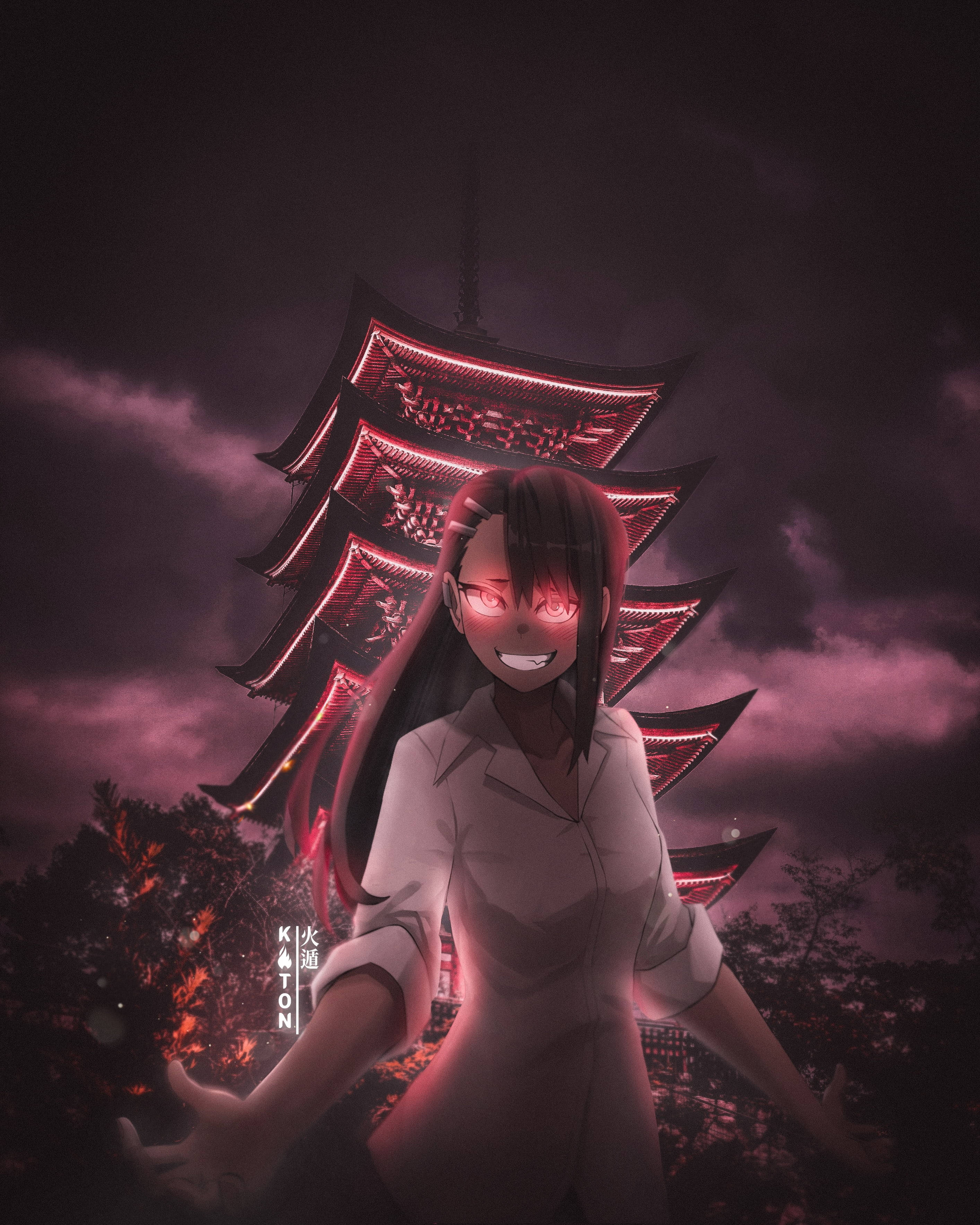 Nagatoro, glowing red eyes, glowing red pagoda, 2K Phone Wallpaper