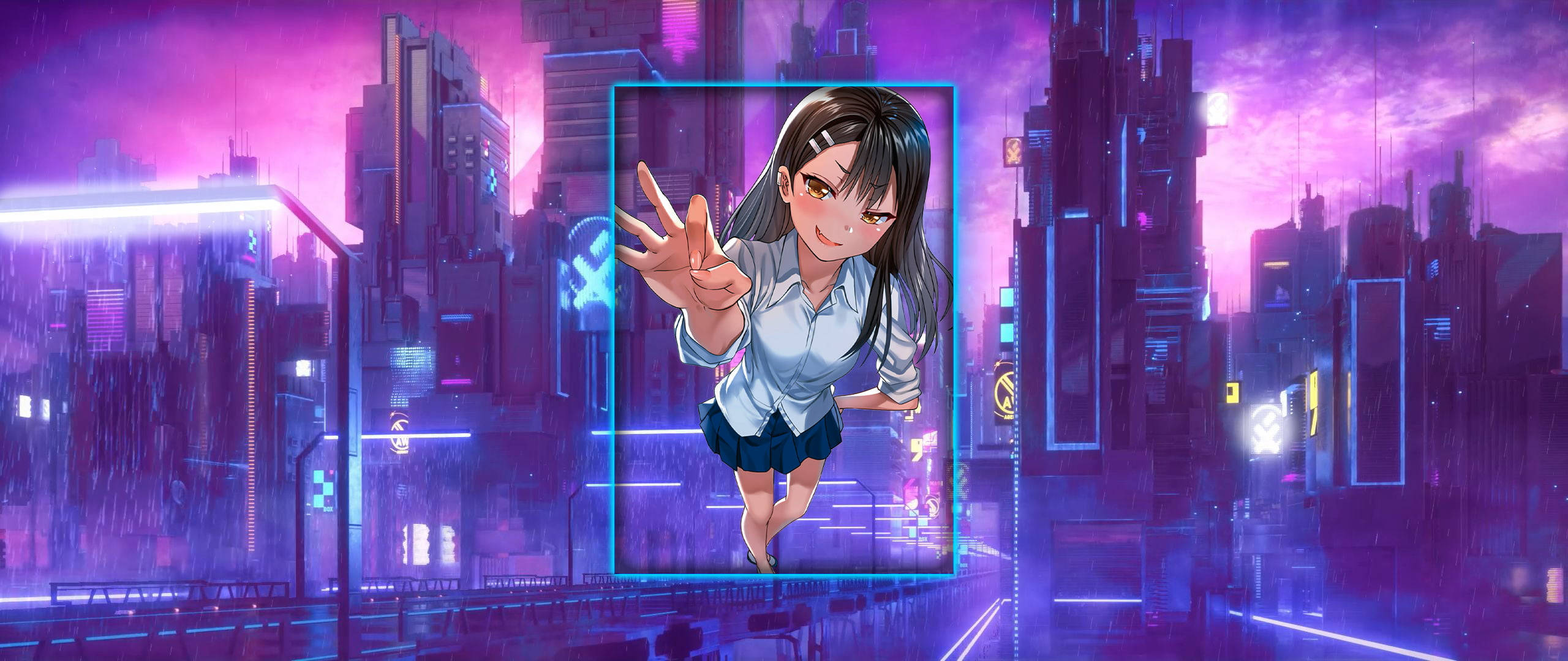 Nagatoro, school uniform, glowing blue frame, 2K Desktop Wallpaper