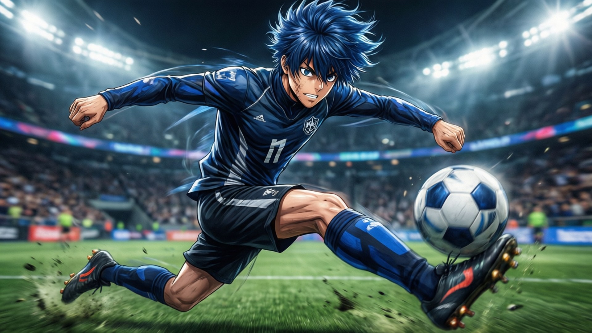 Nagi Umino, dribbling scene, vibrant stadium lights, Full HD Desktop Wallpaper