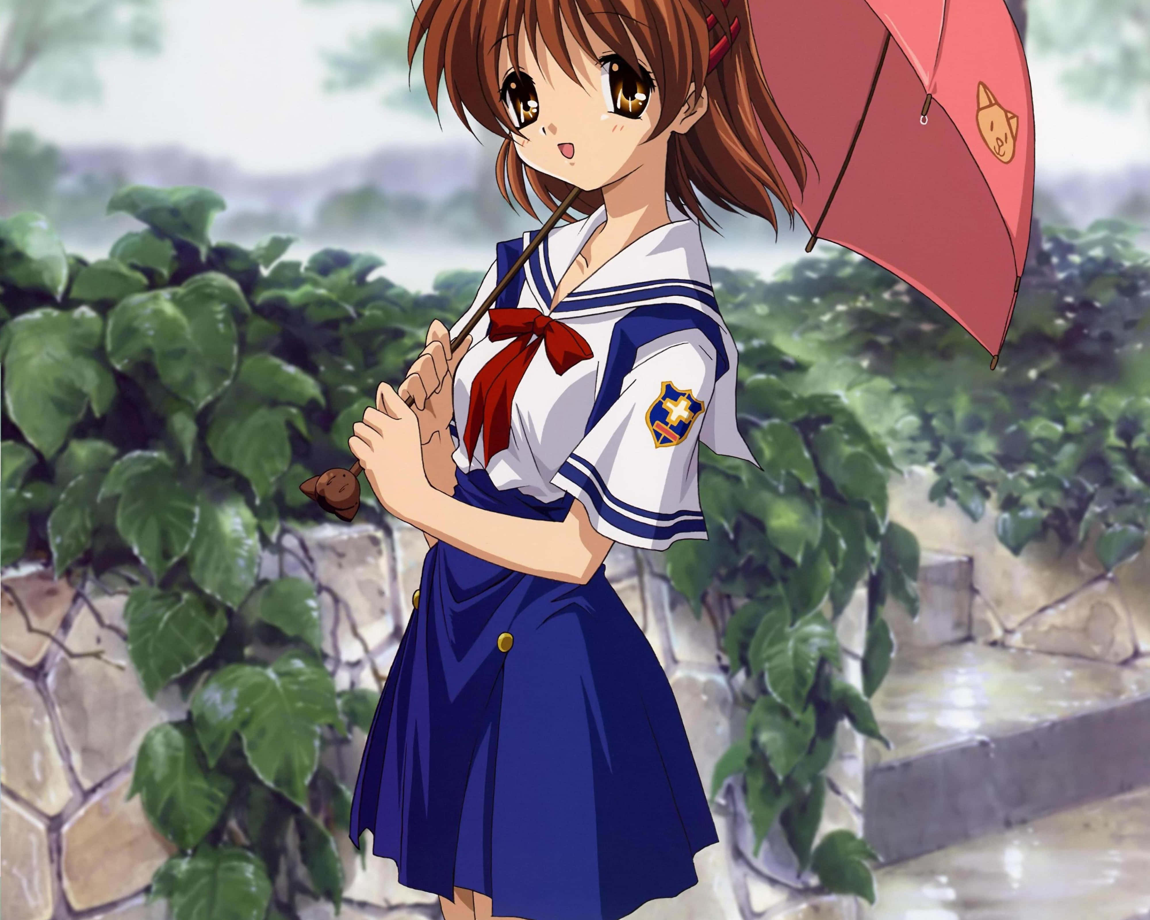 Nagisa Furukawa, blue sailor uniform, red umbrella, 4K Desktop Wallpaper