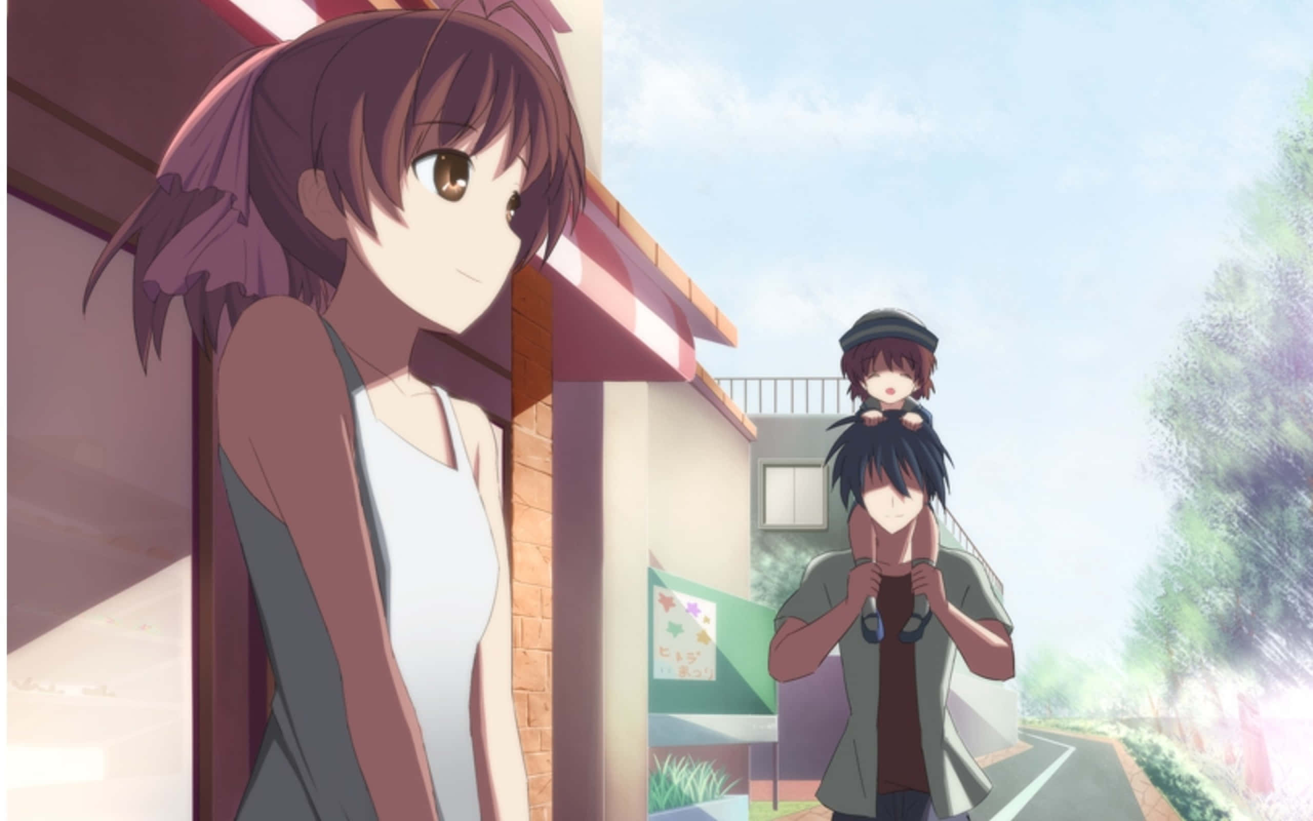 Nagisa Furukawa, purple hair, doorway, 2K Desktop Wallpaper