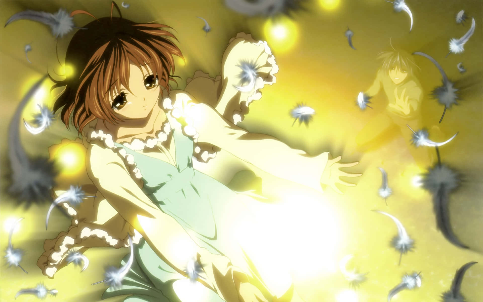 Nagisa Furukawa, light green dress, glowing dandelion fluff, Full HD Desktop Wallpaper