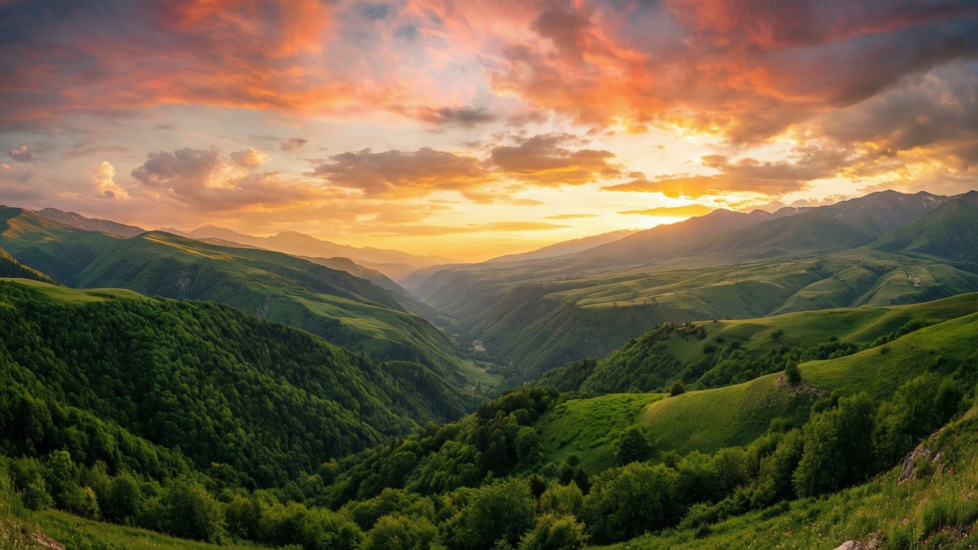 Golden Sunset, Nagorno-Karabakh, green mountain valleys, Full HD Desktop Wallpaper