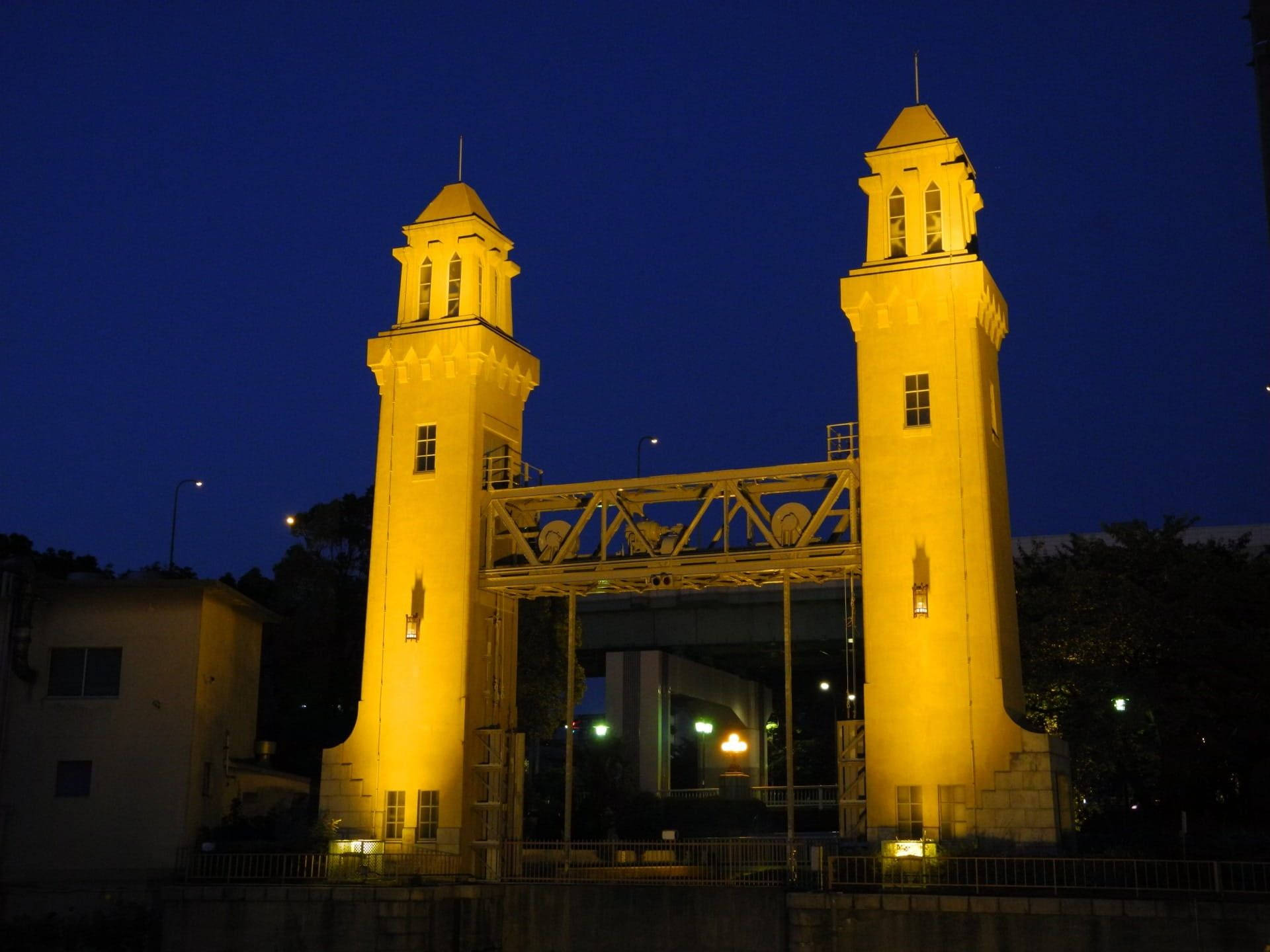 Nagoya, stunning sluice gate, illuminated yellow towers, Full HD Desktop Wallpaper