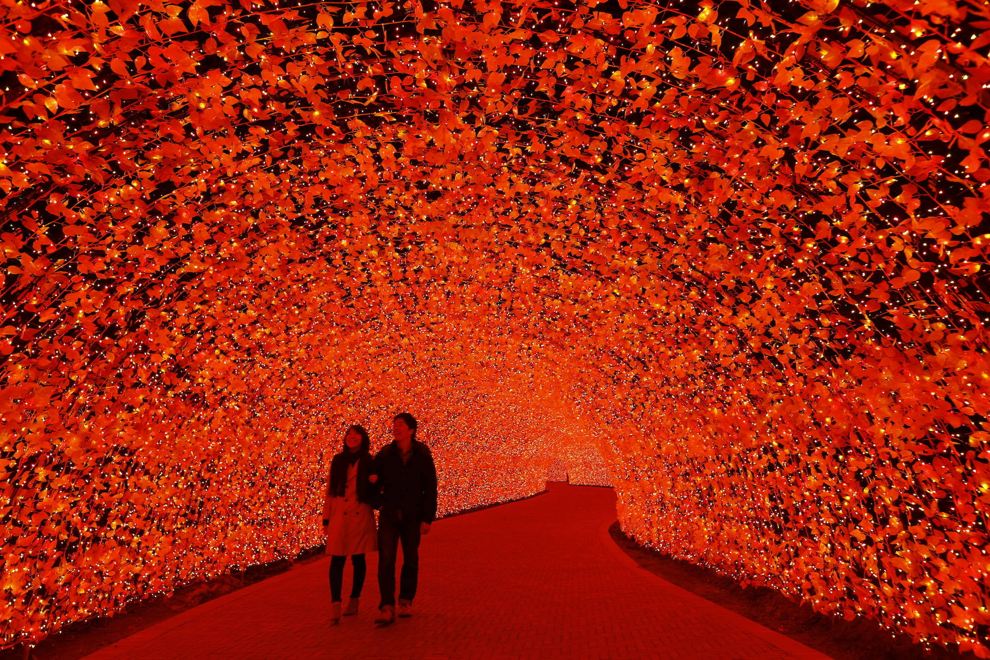 Nagoya, red tunnel, glowing orange lights, Full HD Desktop Wallpaper