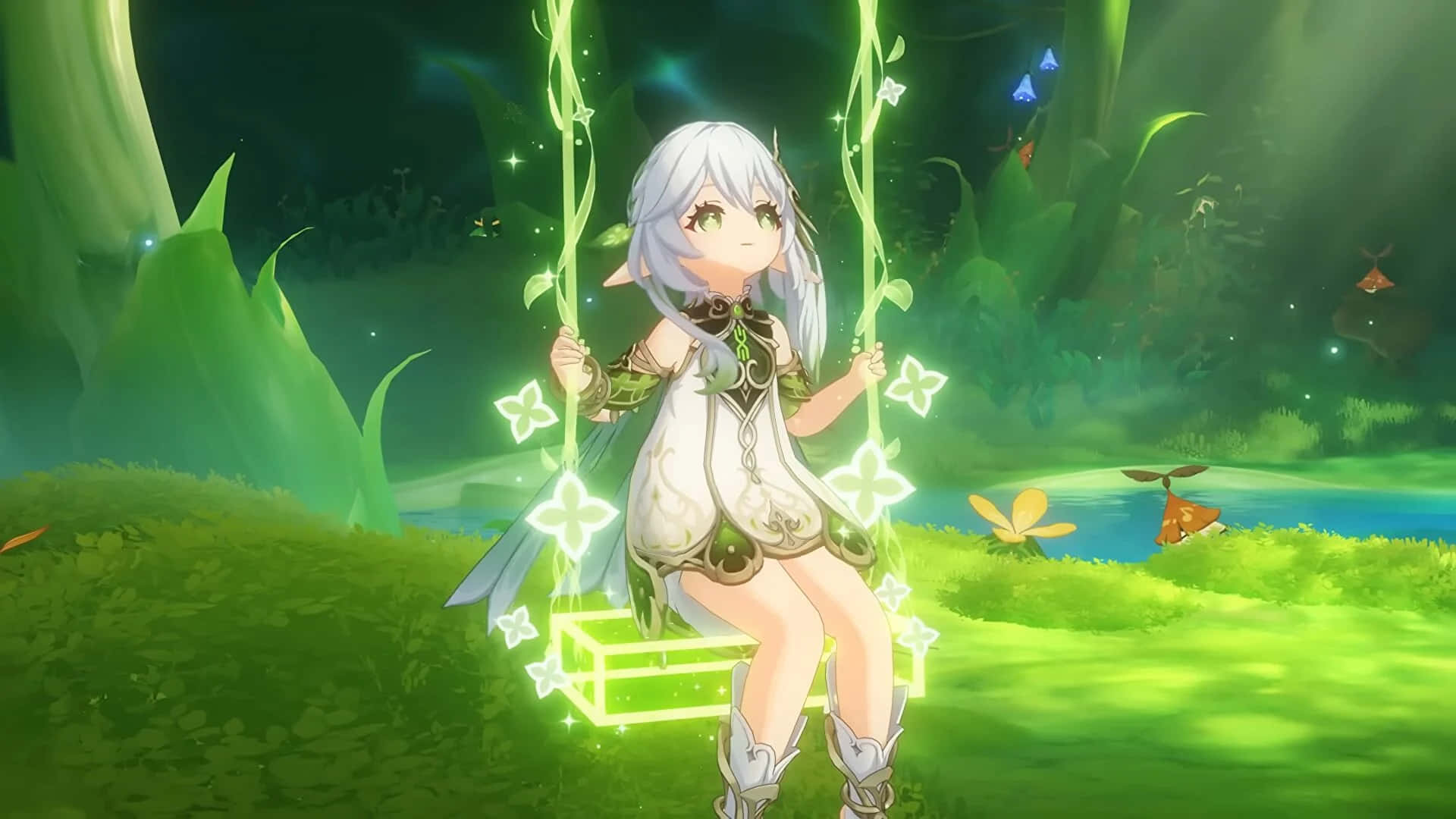 Nahida, mystical forest, silver-haired elf girl, Full HD Desktop Wallpaper