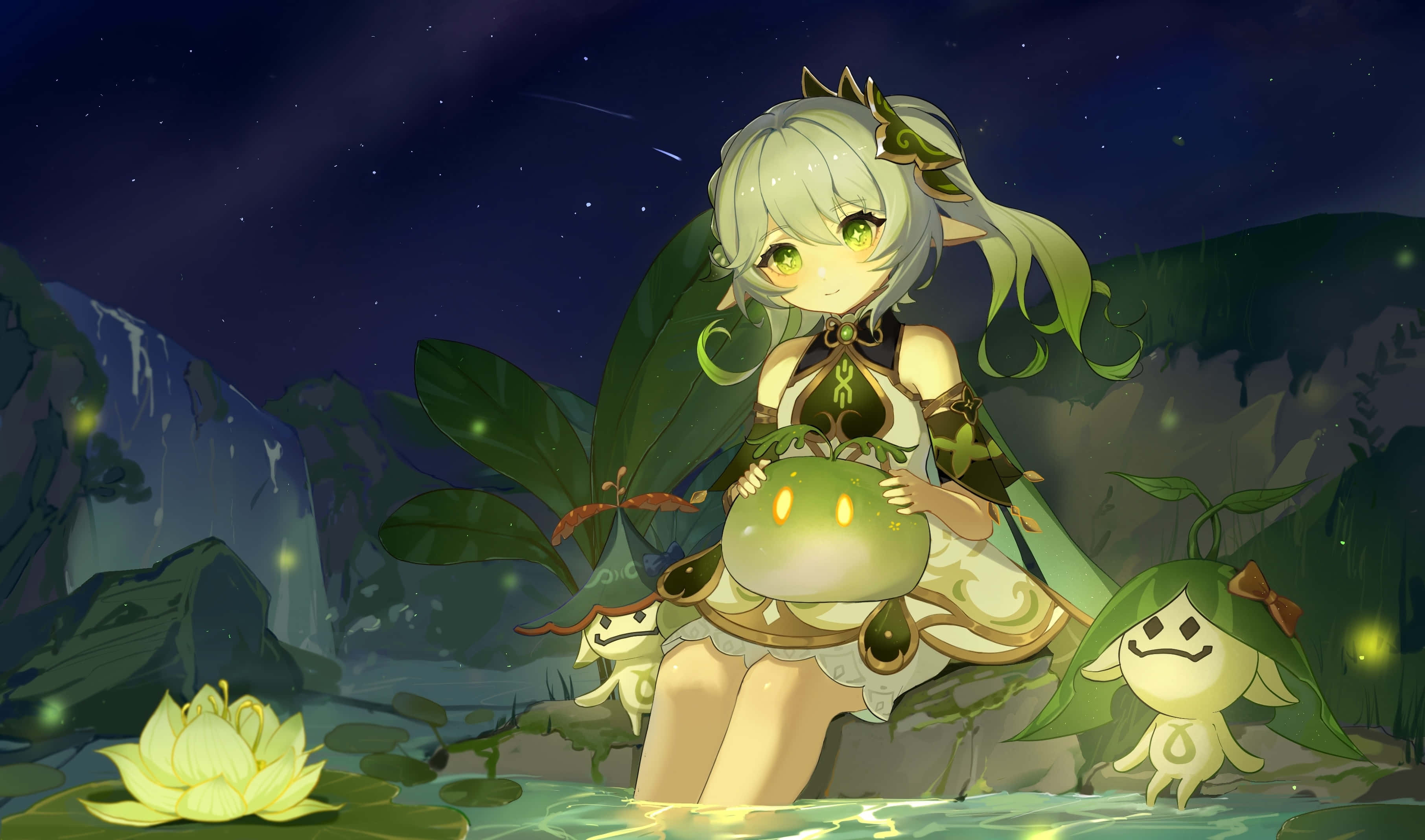 Nahida, green hair, moonlit pond, 2K Desktop Wallpaper