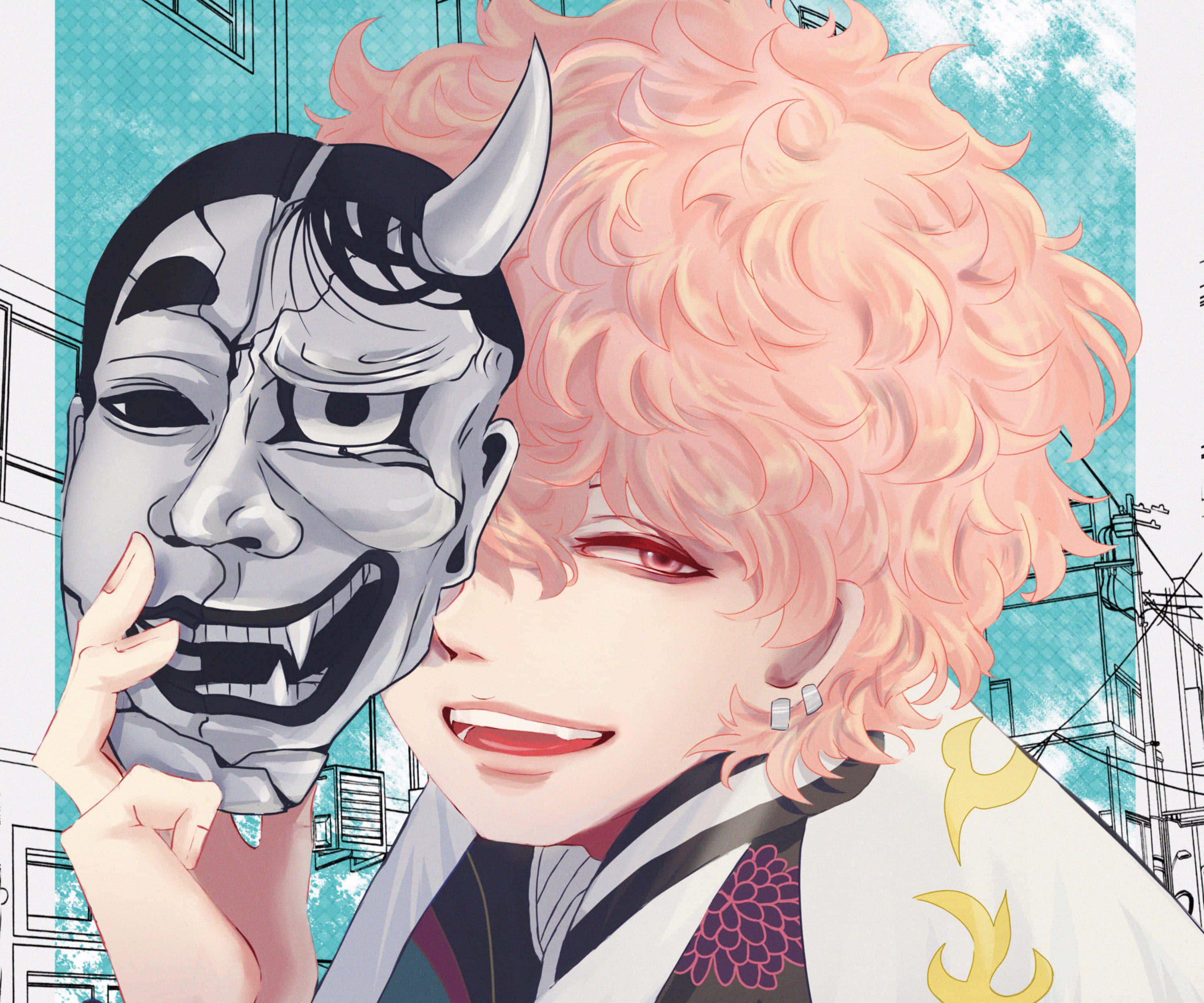 Nahoya Kawata, pink hair, demonic mask, 2K Desktop Wallpaper
