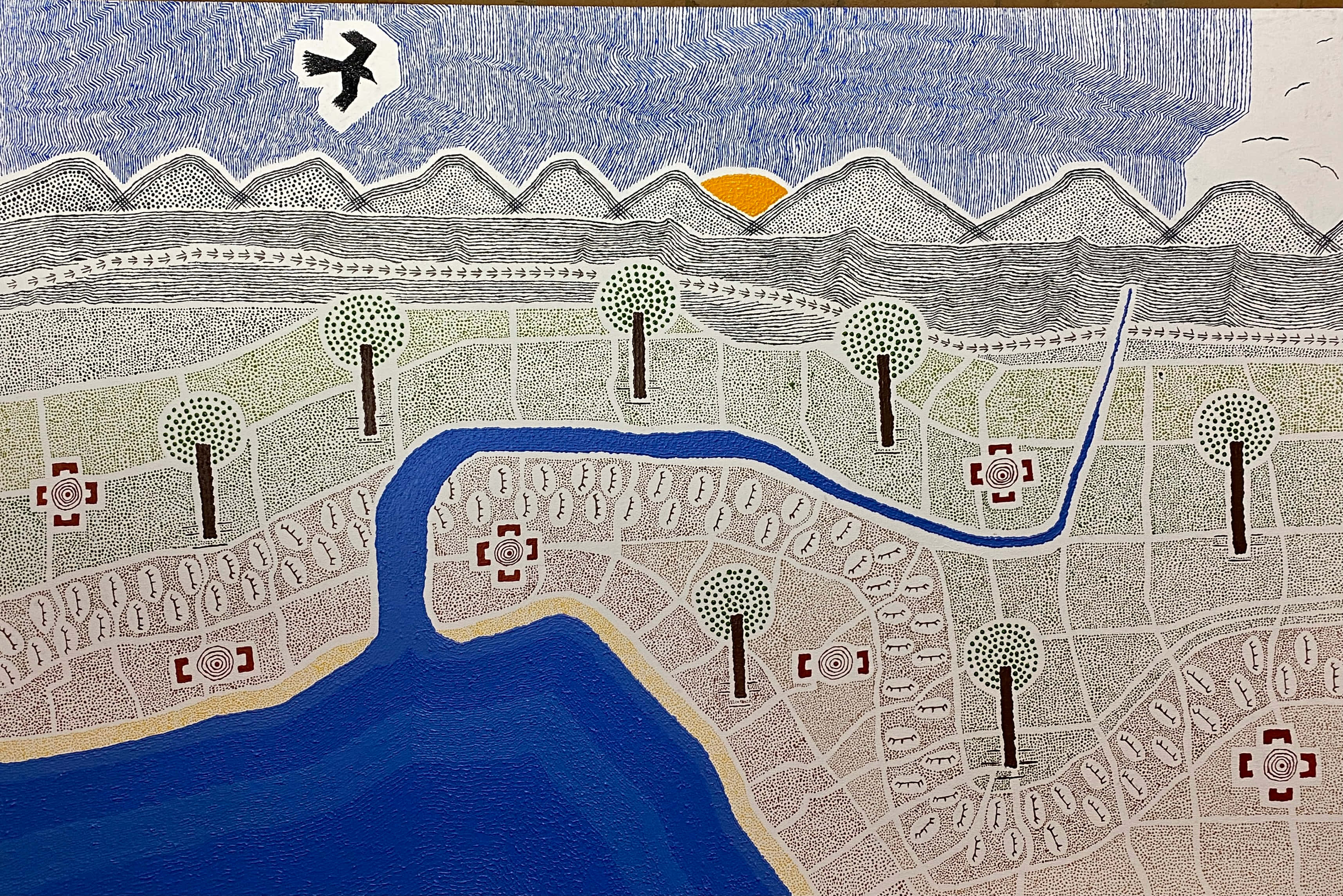 Naidoc Week, blue river, patterned terrain, 2K Desktop Wallpaper