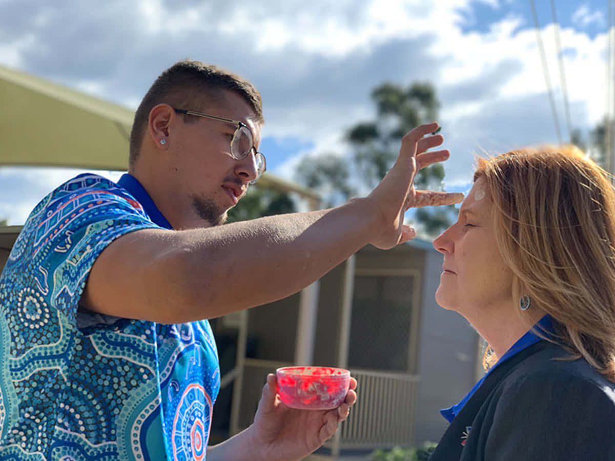 Naidoc Week, blue patterned shirt, red ochre, SD Desktop Wallpaper