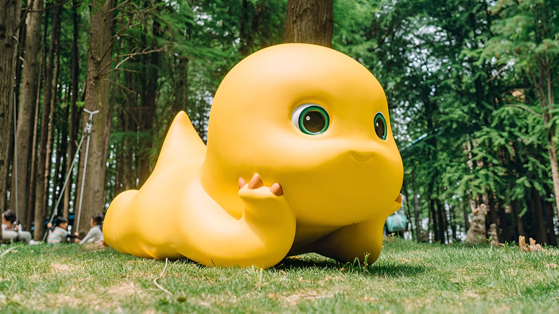 Nailoong, giant yellow rubber duck sculpture, green eyes, Full HD Desktop Wallpaper