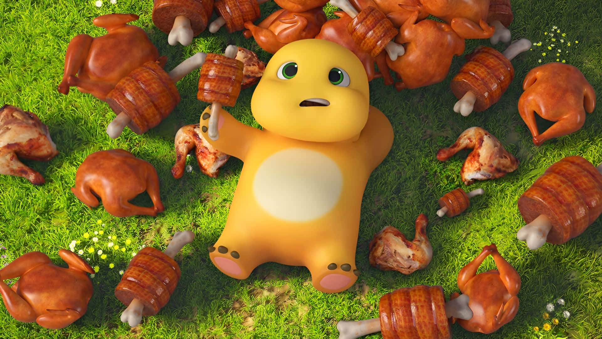 Nailoong, yellow cartoon bear, roasted chickens, Full HD Desktop Wallpaper