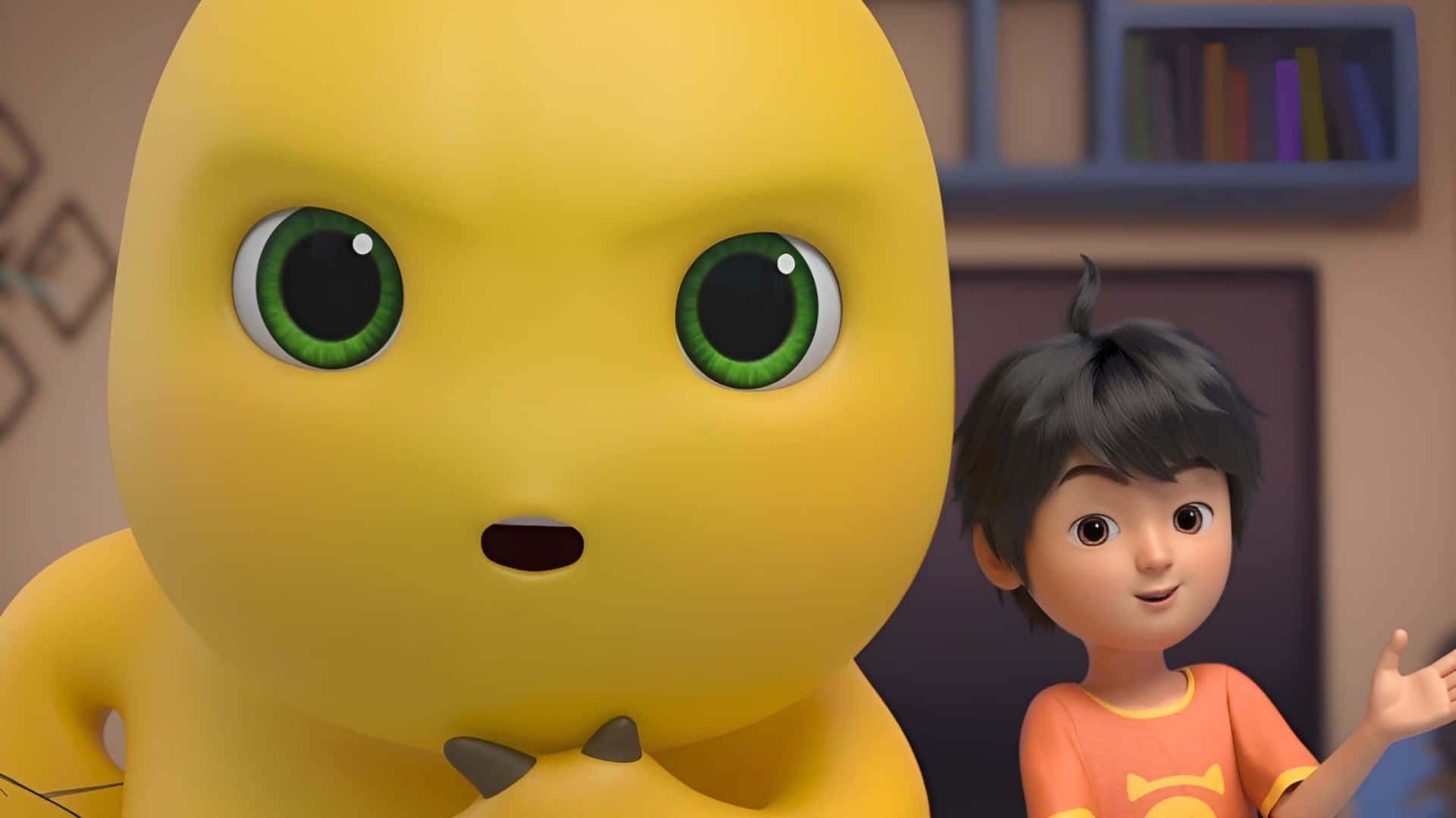 Nailoong, yellow cartoon creature, green eyes, Full HD Desktop Wallpaper