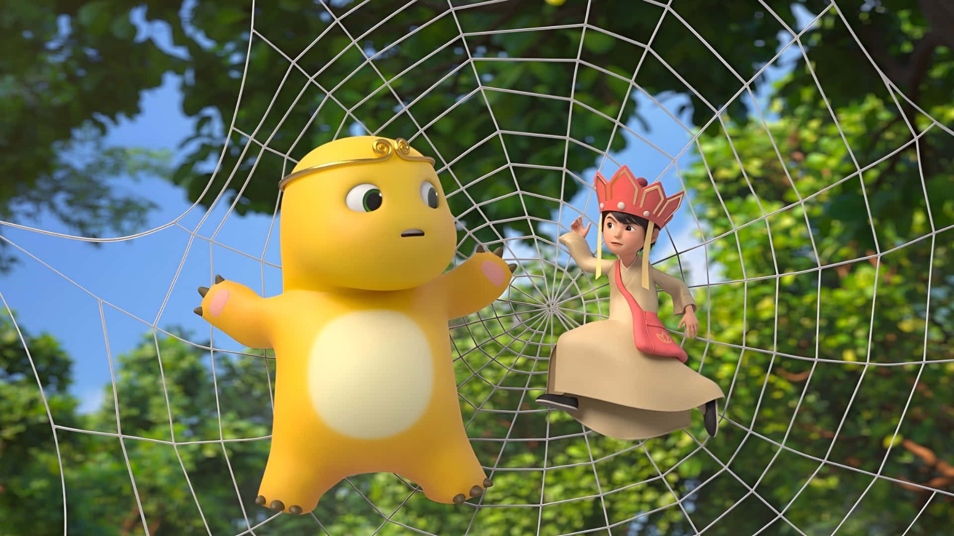 Nailoong, spider web, yellow cartoon dinosaur, Full HD Desktop Wallpaper
