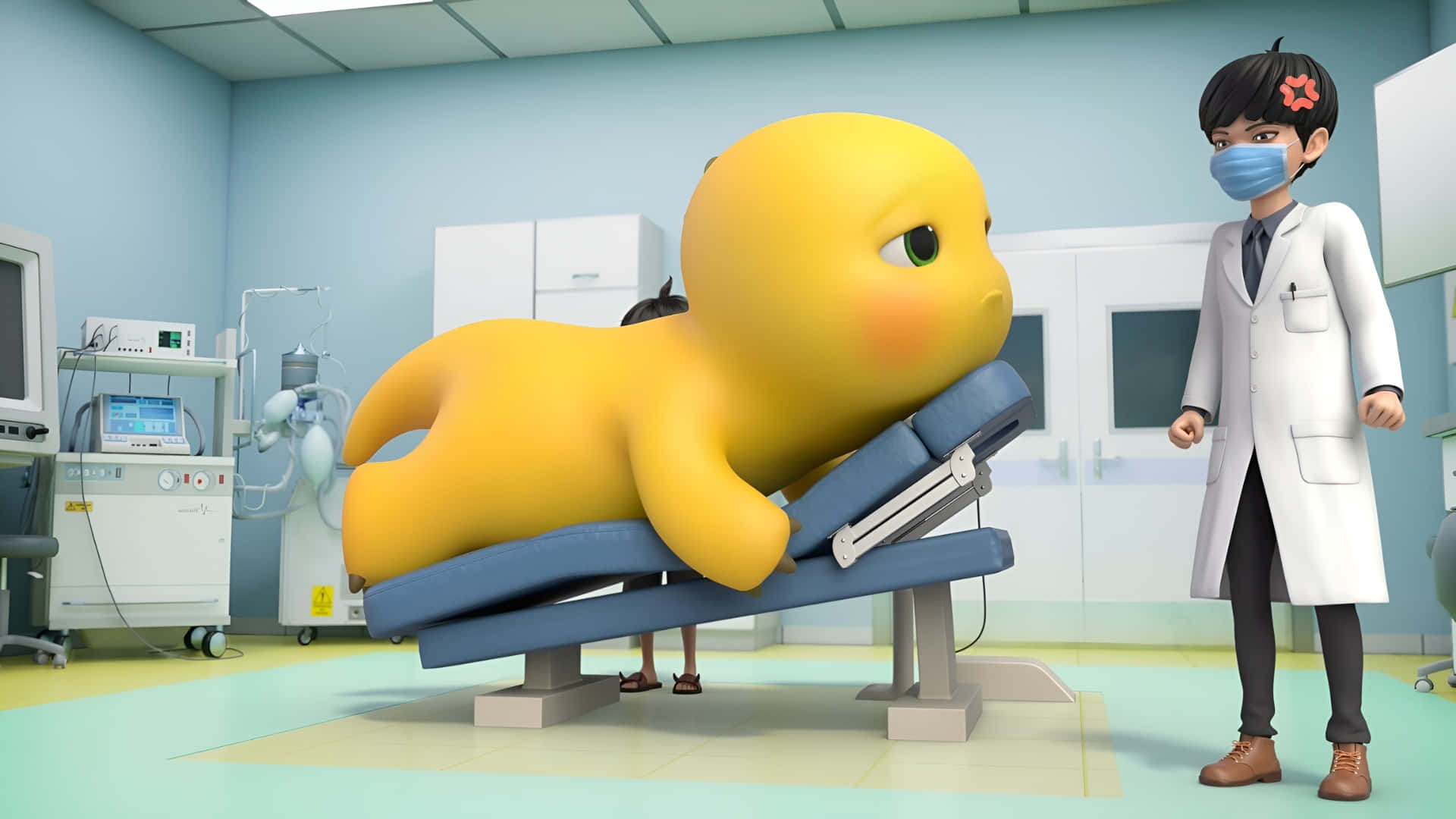 Nailoong, yellow cartoon octopus, hospital gurney, Full HD Desktop Wallpaper