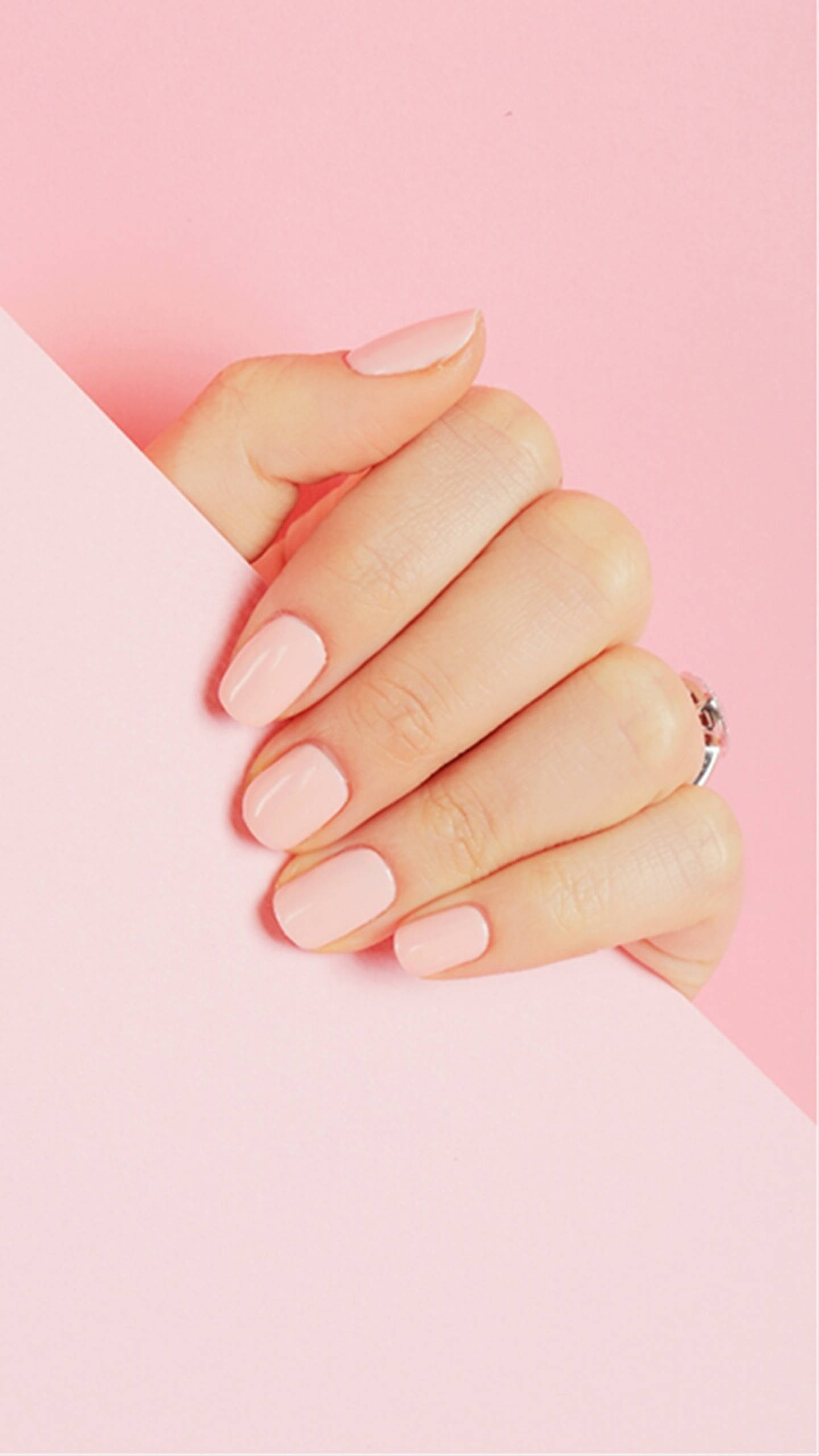 pastel pink nail polish, soft pink nails, silver ring, 2K Phone Wallpaper