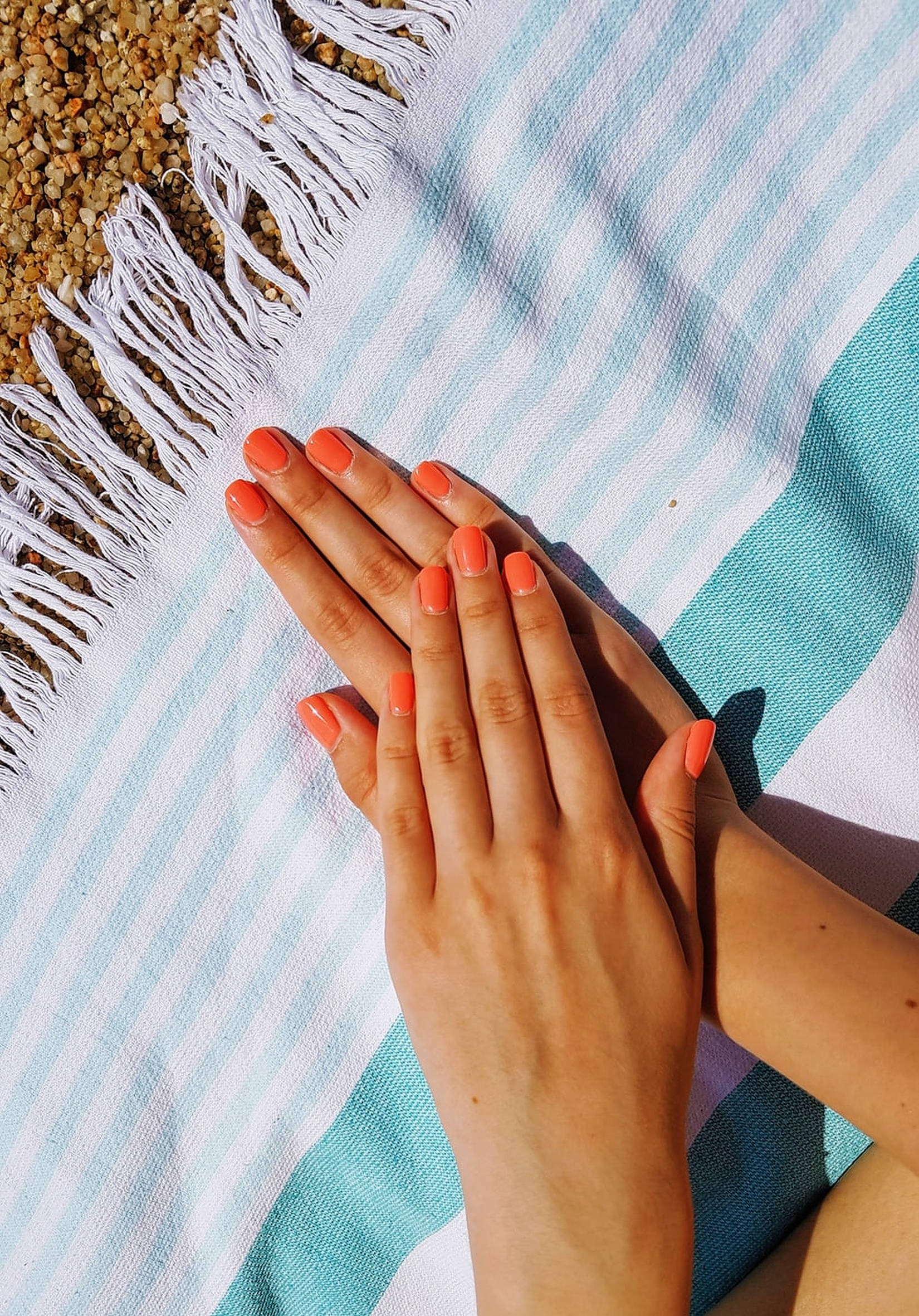 vivid orange nail polish, coral nails, striped beach towel, Full HD Phone Wallpaper