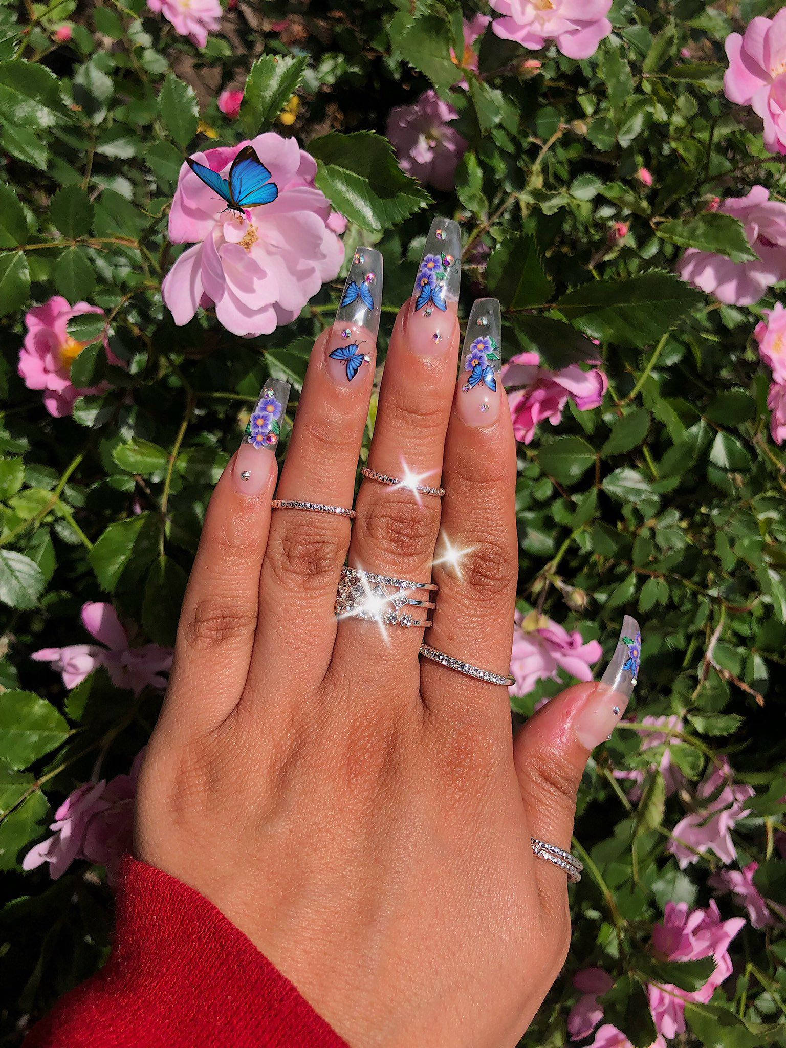 butterfly-themed acrylic nails, sparkling rings, pink roses, Full HD Phone Wallpaper