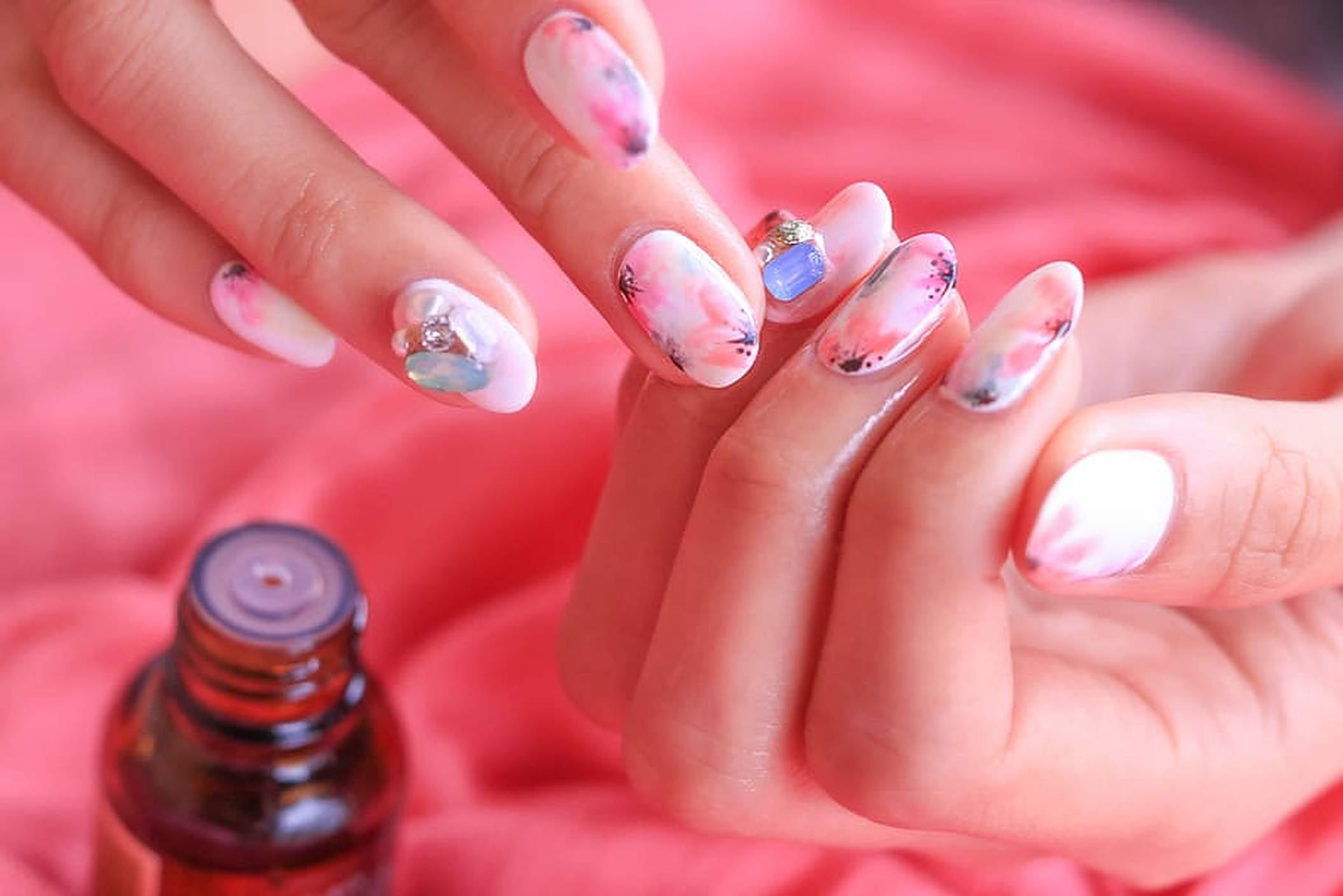 floral nail art, gemstones, soft pink fabric background, Full HD Desktop Wallpaper