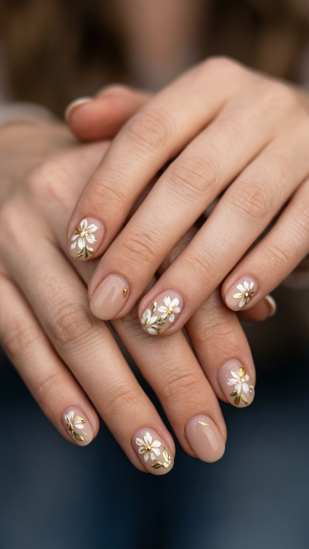 nude nails, delicate white daisy, gold leaf floral designs, Full HD Phone Wallpaper