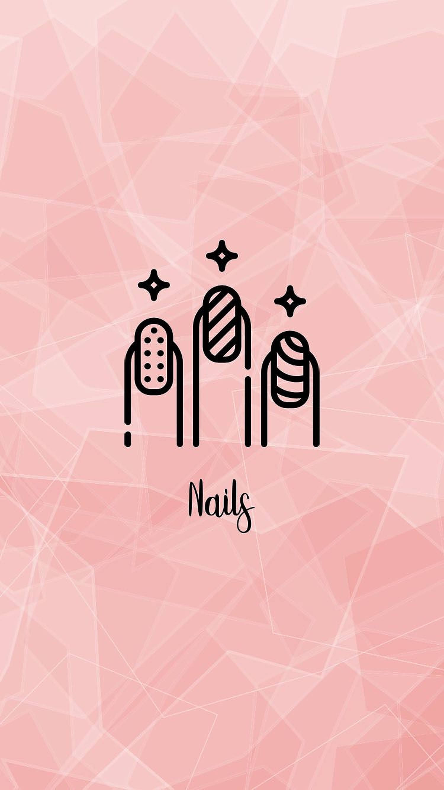 black line-art fingernails, glittery stars, soft pink geometric background, 2K Phone Wallpaper