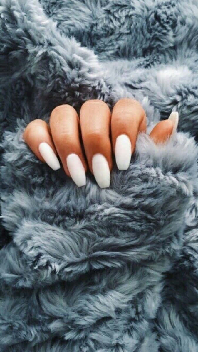 white coffin nails, plush gray faux fur surface, elegant pink nail art, SD Phone Wallpaper