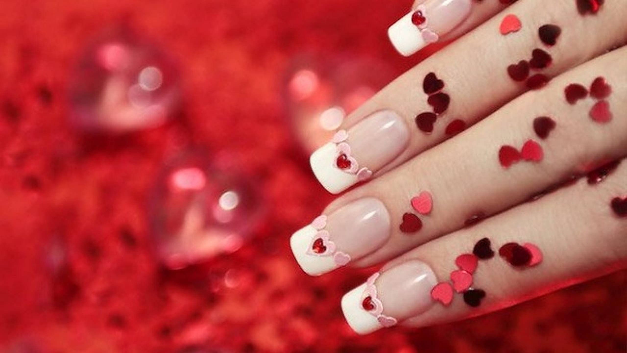 red heart, glittery nails, red heart confetti, 2K Desktop Wallpaper