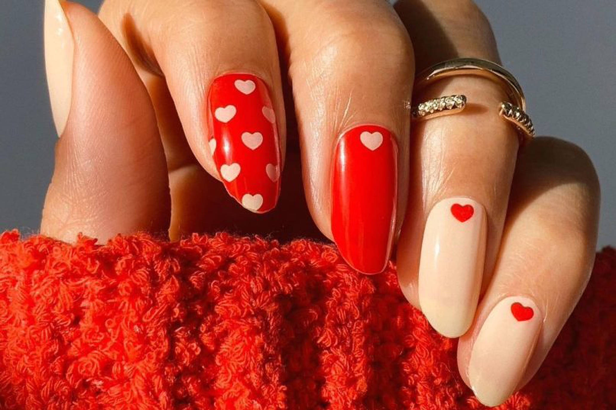 red heart nail polish, red and nude nails, white hearts, Full HD Desktop Wallpaper