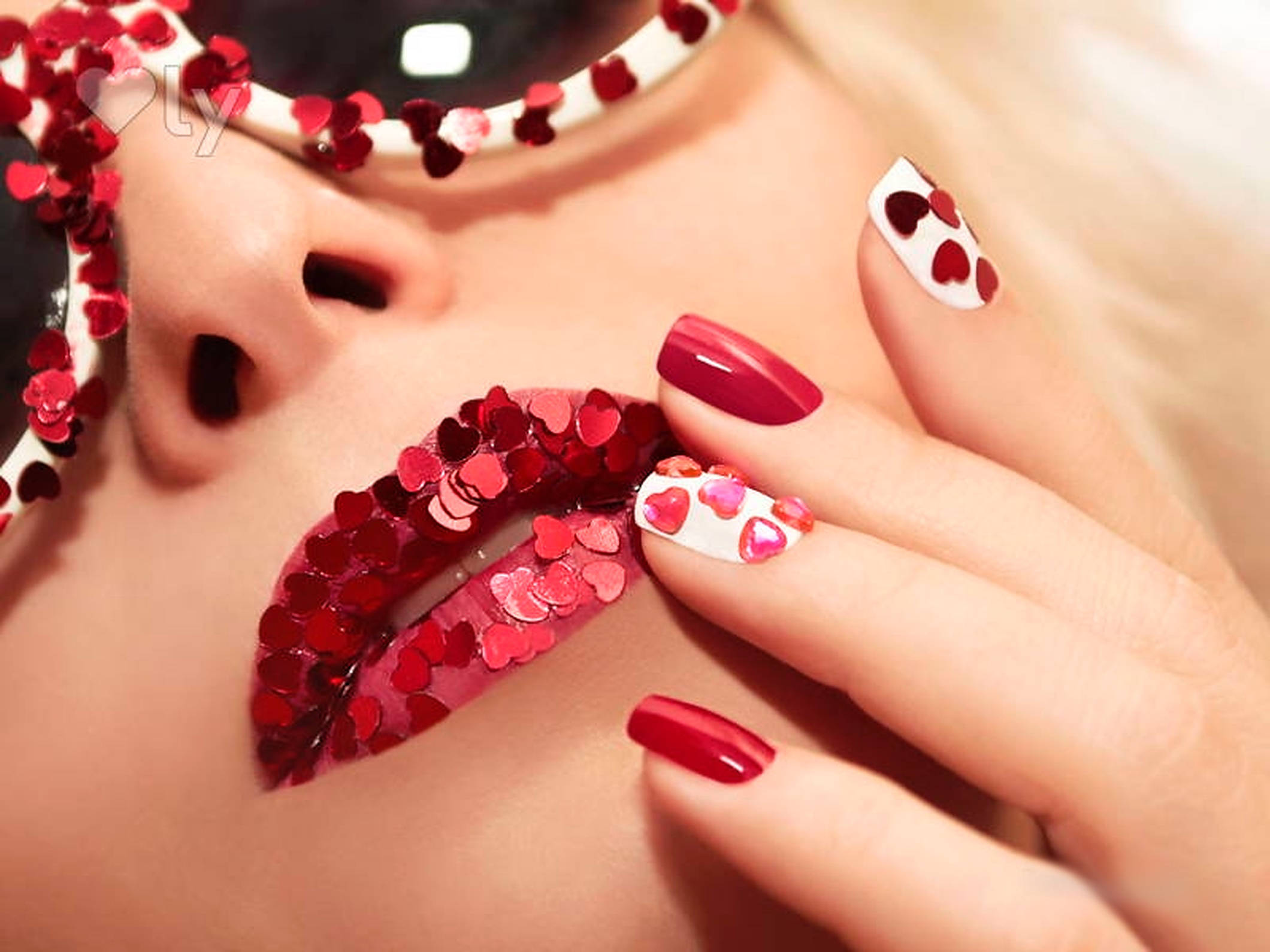 red and white nail art, glittery red heart lips, heart-patterned nails, Full HD Desktop Wallpaper