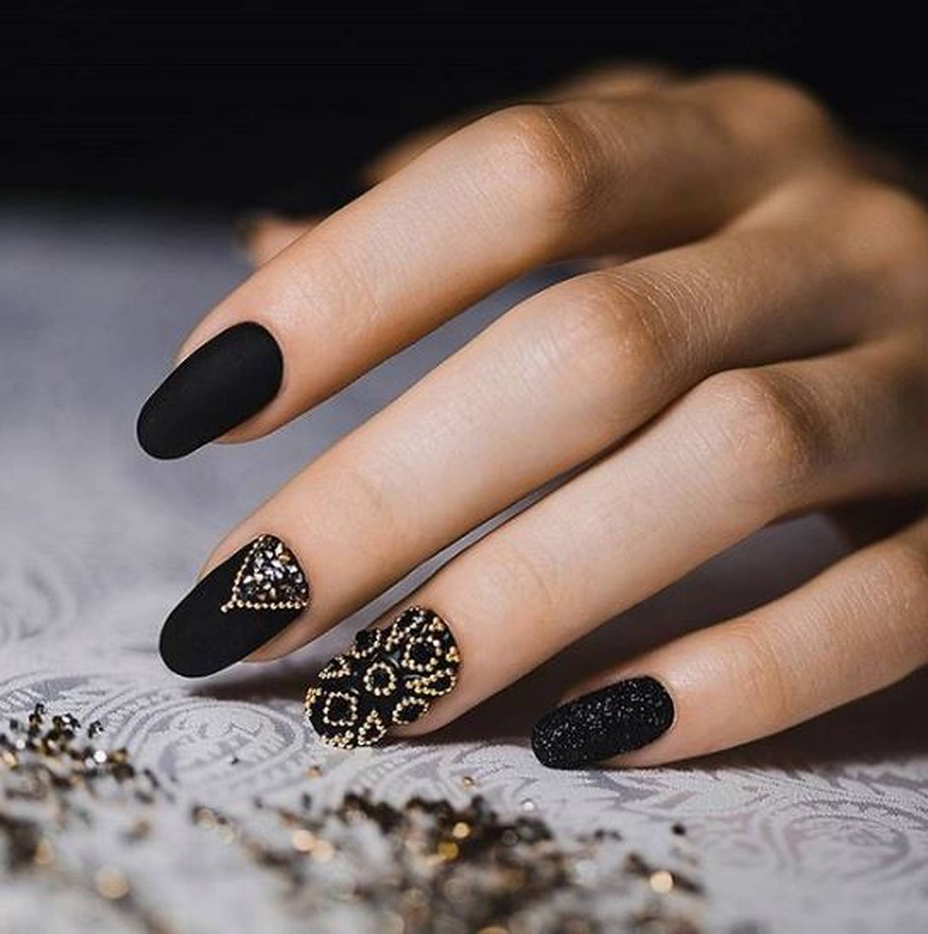 matte black nails, intricate gold beadwork, patterned surface, HD Phone Wallpaper